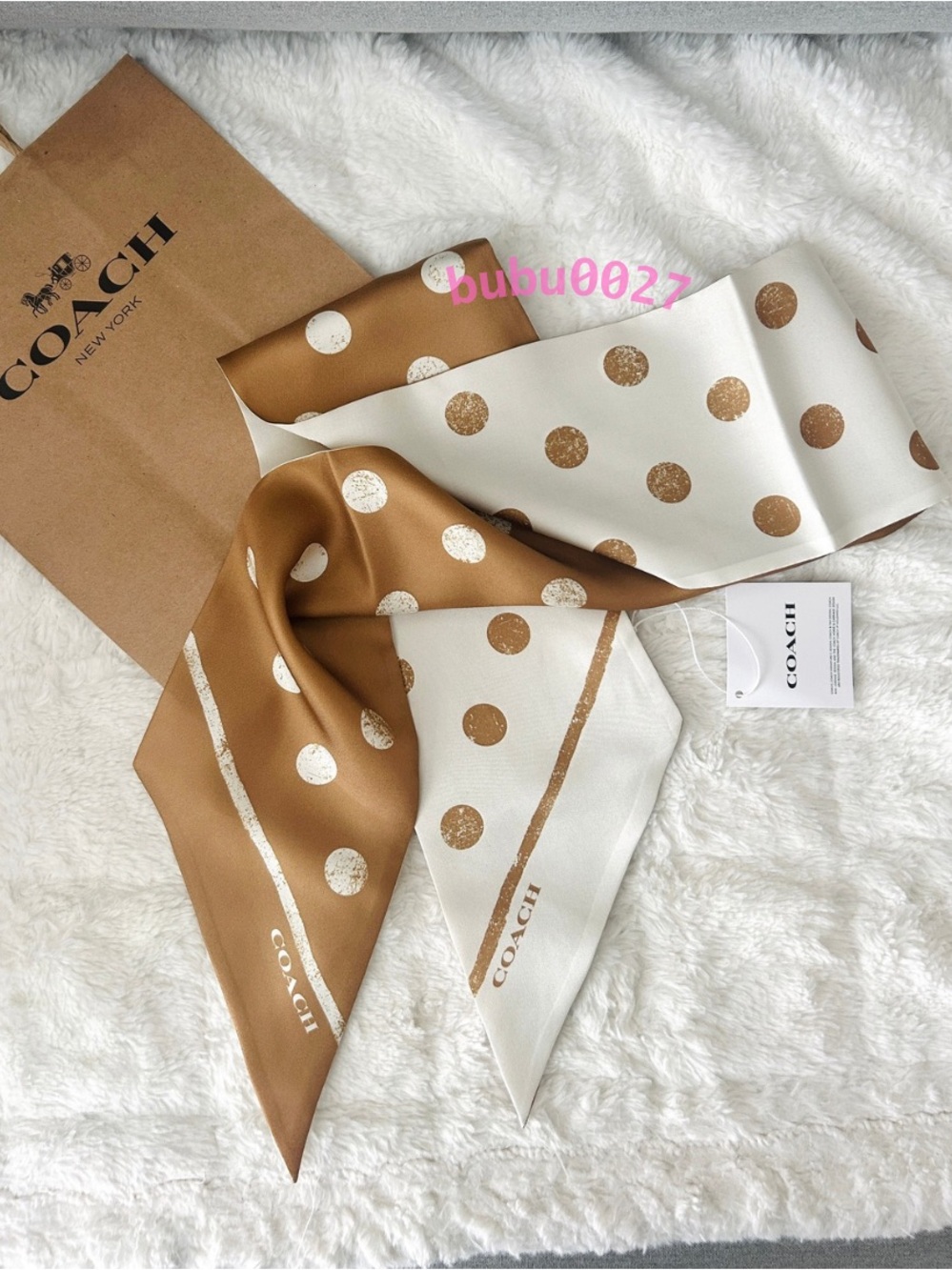NWT🍯Coach Distressed Dot Print Silk Wide Skinny Scarf CFI21 Bag Hair Chalk Brown
